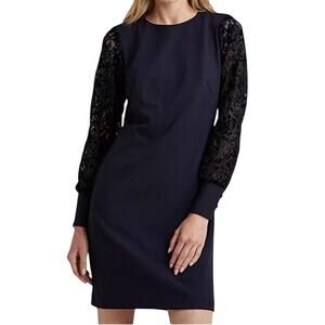 Lauren Black Label Sheath Dress Navy Blue Jersey Knit Lace Sleeves 14 Normcore
